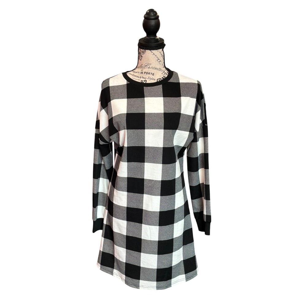 SHEIN Womens‎ Buffalo Plaid Long Sleeve T-Shirt Mini Dress Black White Size M 6